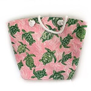 Tommy Bahama Pink Green Sea Turtle Canvas Reusable Tote Bag XL Beach Travel NWT